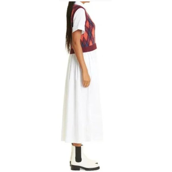NWT $345 STAUD JACK KNAVE ARGYLE VEST BODICE WHITE COTTON MIDI DRESS SIZE SMALL - Picture 3 of 8